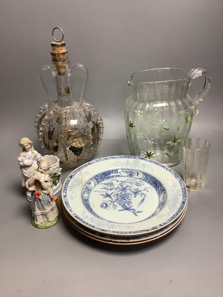 Three 18th century Chinese export blue and white plates, an enamelled glass jug and gilt decorated decanter, two figurines etc, tallest 30cm